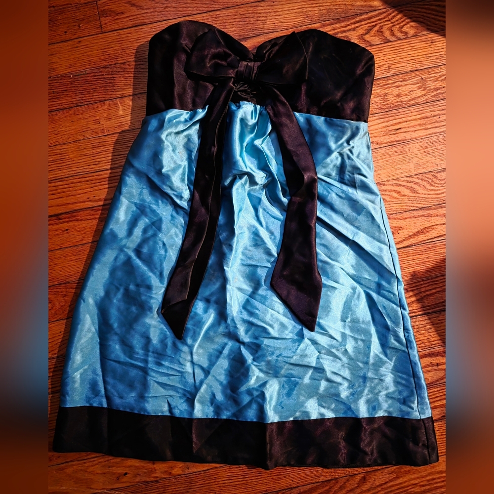 Women’s Strapless Aqua Satin Cocktail Dress with Black Trim